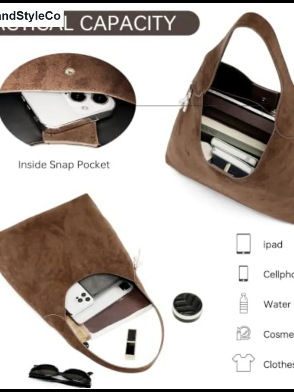Soft Suede Vegan Leather Slouchy Hobo Shoulder Bag with Magnetic Snap